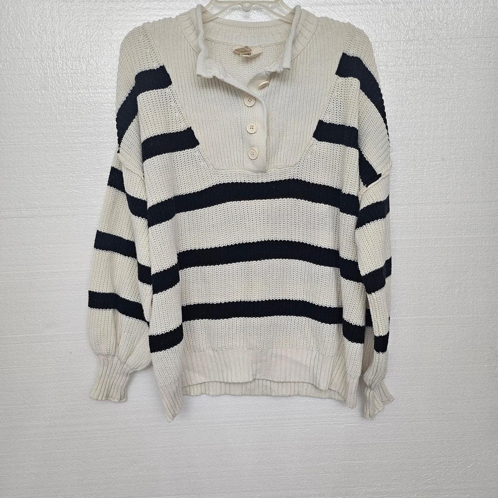 Fantastic Fawn black & cream striped sweater with button up front, size L